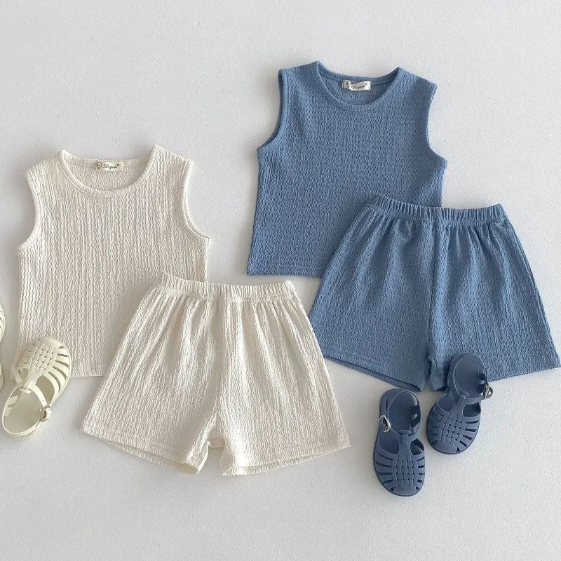 New Arrival Korean Style Solid Baby Gauze Homewear Children Breathable Loose Sleeveless Tank Tops + Shorts 2Pcs Thin Pajamas Set thumbnail 2