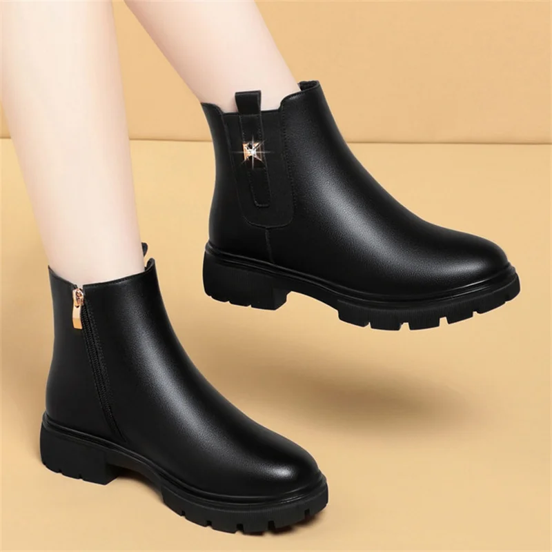 2024 British Style Women Chelsea Boots Square Heel Platform Comfortable Anti-slip Zip Ankle Boots Soft Leather Casual Boots thumbnail 4