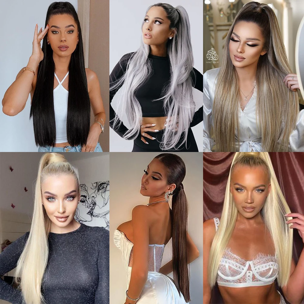 Synthetic 22 34" Long Straight Wrap Around Ponytail Clip In Hair Extension Blonde Brown Heat Resistant Pony Hairpiece For Women thumbnail 4