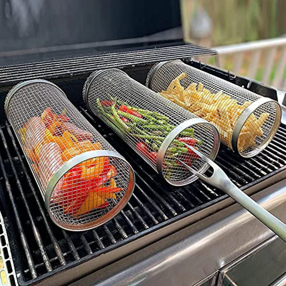 Barbecue Grill Grate Barbecue Cages Camping Picnic Cookware Outdoor Round BBQ Campfire Grill Grid Rolling Grill Basket thumbnail 4