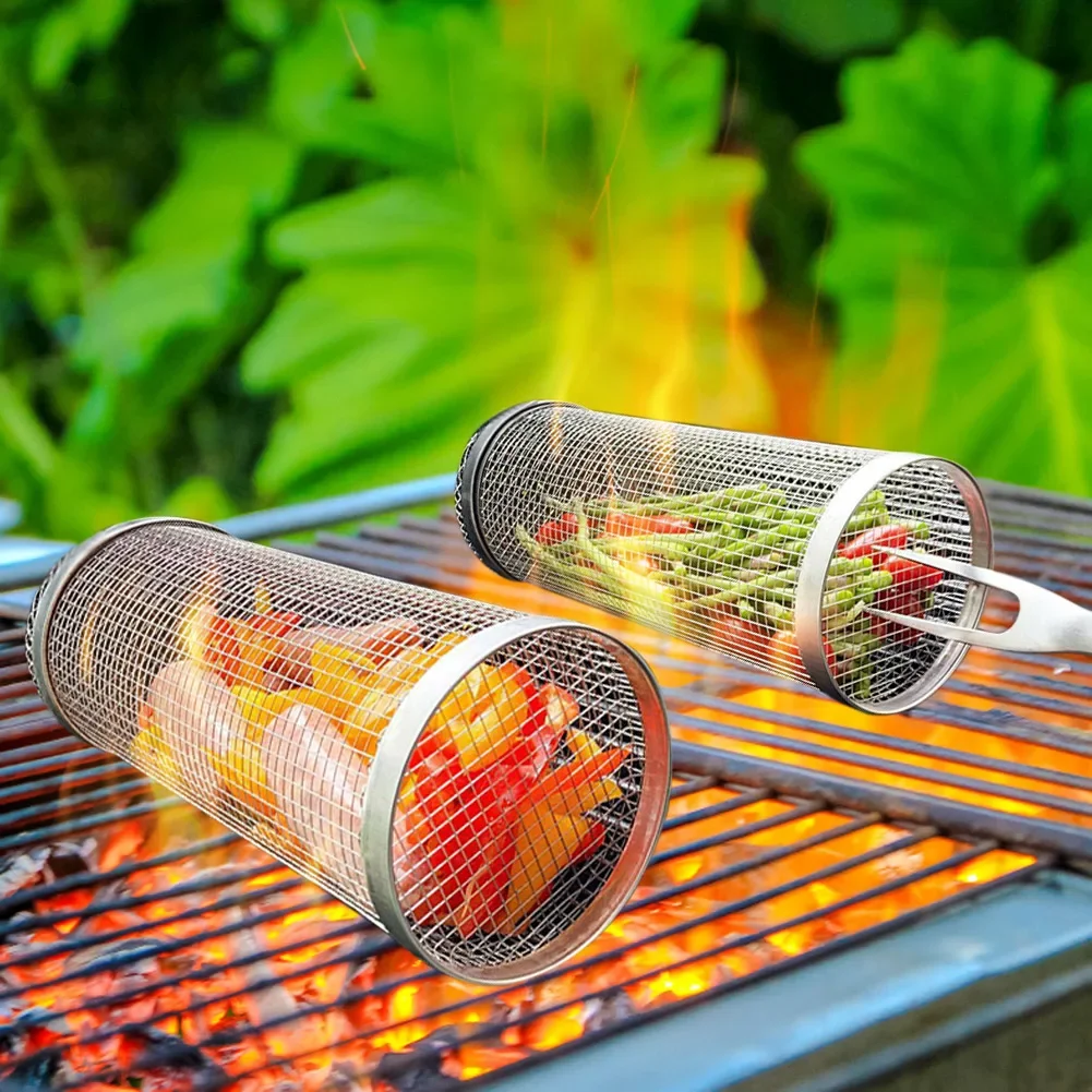 Barbecue Grill Grate Barbecue Cages Camping Picnic Cookware Outdoor Round BBQ Campfire Grill Grid Rolling Grill Basket thumbnail 2
