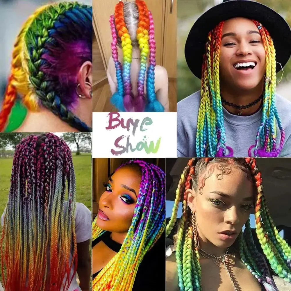 24 Inch Ombre Jumbo Braiding Hair for Crochet Twist Box Braids Rainbow Colorful High Temperature Synthetic Hair Extensions thumbnail 6