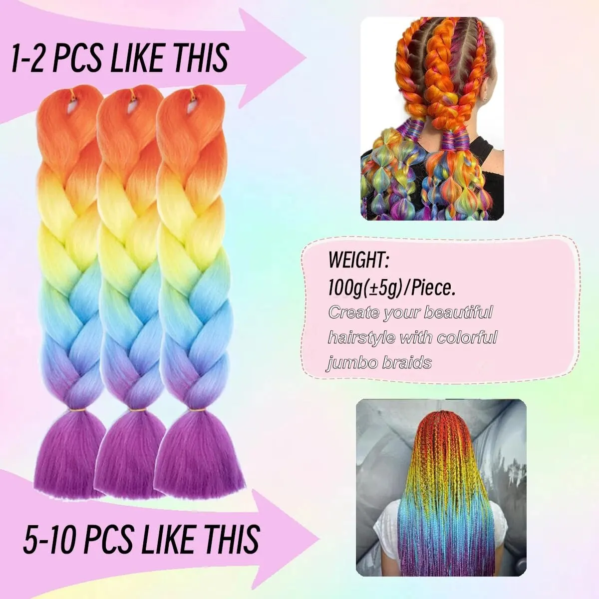 24 Inch Ombre Jumbo Braiding Hair for Crochet Twist Box Braids Rainbow Colorful High Temperature Synthetic Hair Extensions thumbnail 4