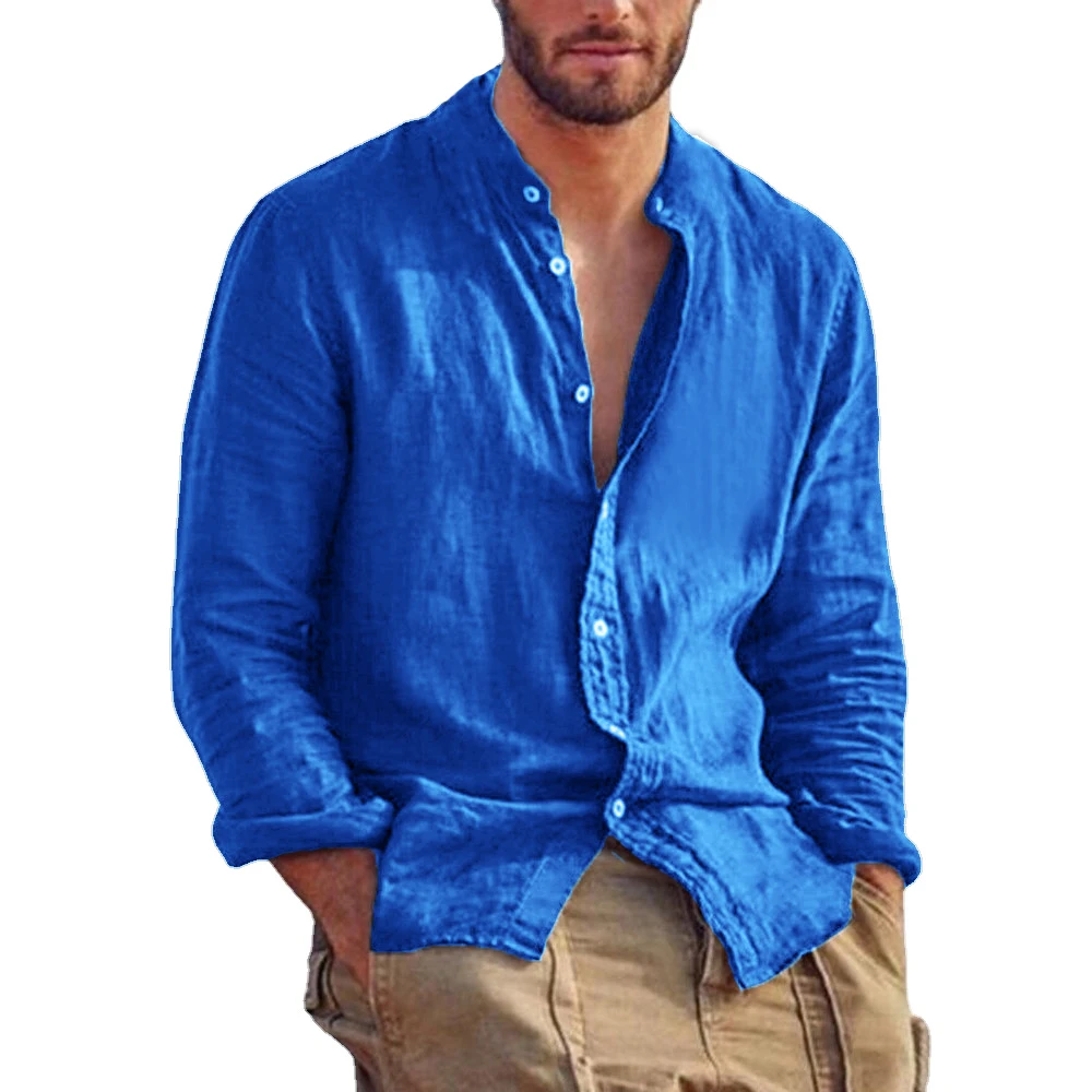 New Men's Solid Color Long Sleeve Shirt Linen Cotton Shirts Trend Plus-size Stand Collar Casual Lightweight Beach Tops thumbnail 3