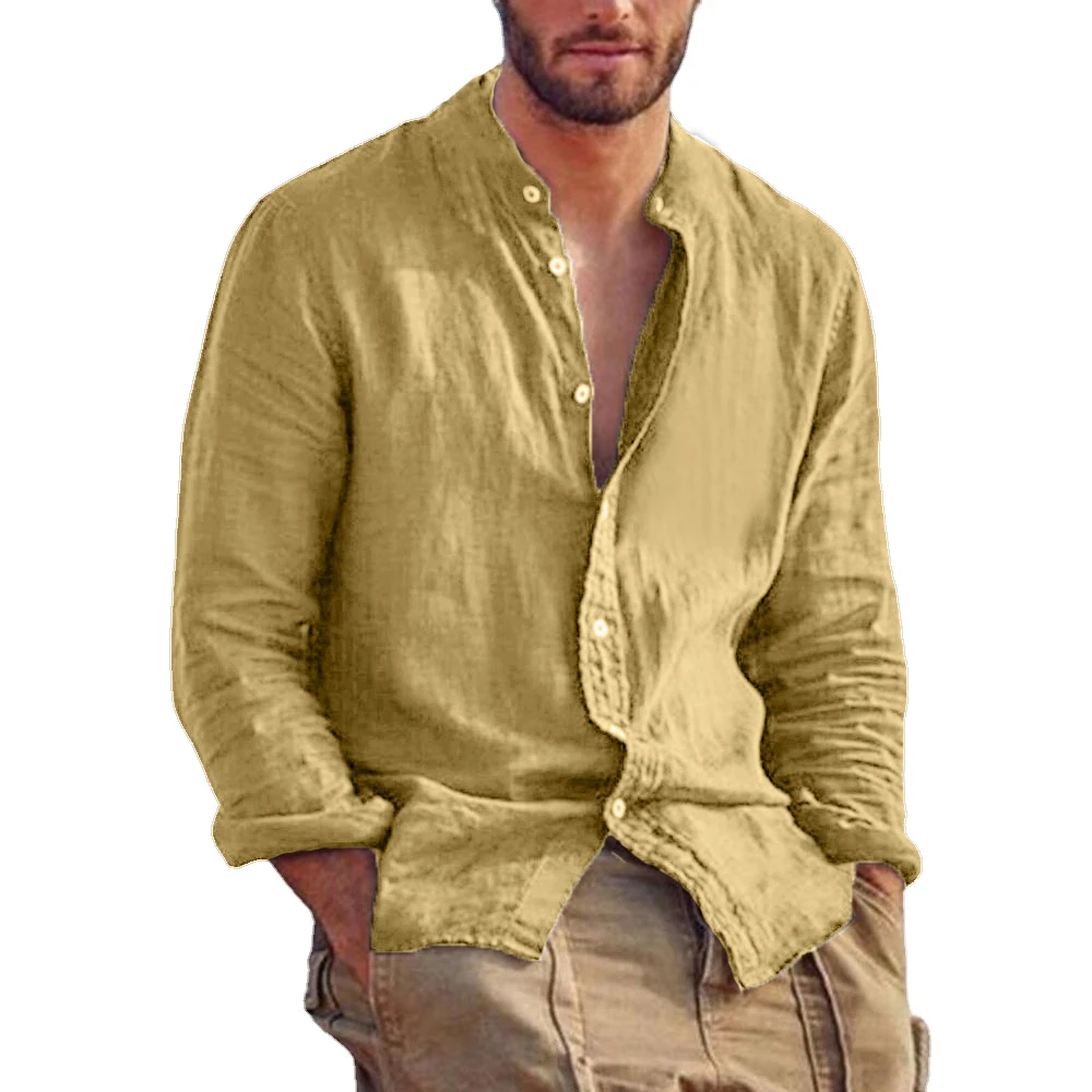 New Men's Solid Color Long Sleeve Shirt Linen Cotton Shirts Trend Plus-size Stand Collar Casual Lightweight Beach Tops thumbnail 4