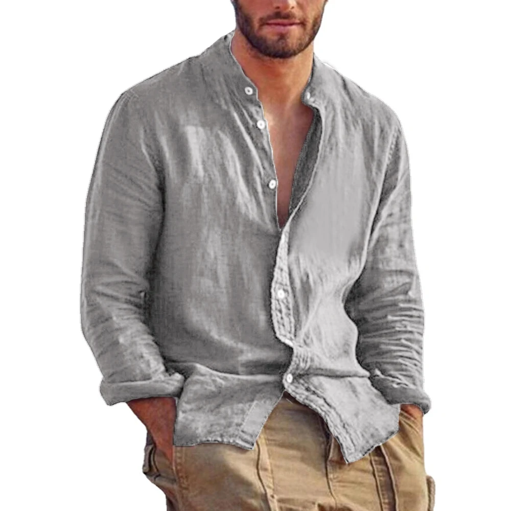 New Men's Solid Color Long Sleeve Shirt Linen Cotton Shirts Trend Plus-size Stand Collar Casual Lightweight Beach Tops thumbnail 5