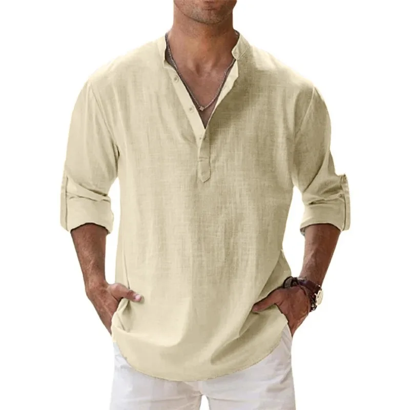 New Men Casual Shirts Lightweight Long Sleeve Henley Cotton Shirts for Beach Linen Shirts Hawaiian Breathable Collar Tops thumbnail 3