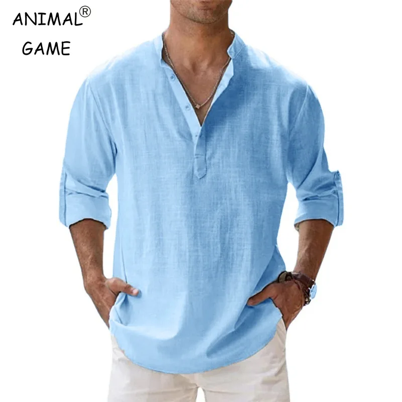 New Men Casual Shirts Lightweight Long Sleeve Henley Cotton Shirts for Beach Linen Shirts Hawaiian Breathable Collar Tops thumbnail 2