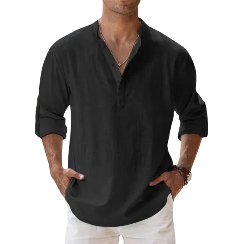 New Men Casual Shirts Lightweight Long Sleeve Henley Cotton Shirts for Beach Linen Shirts Hawaiian Breathable Collar Tops thumbnail 4