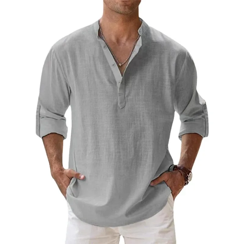 New Men Casual Shirts Lightweight Long Sleeve Henley Cotton Shirts for Beach Linen Shirts Hawaiian Breathable Collar Tops thumbnail 5