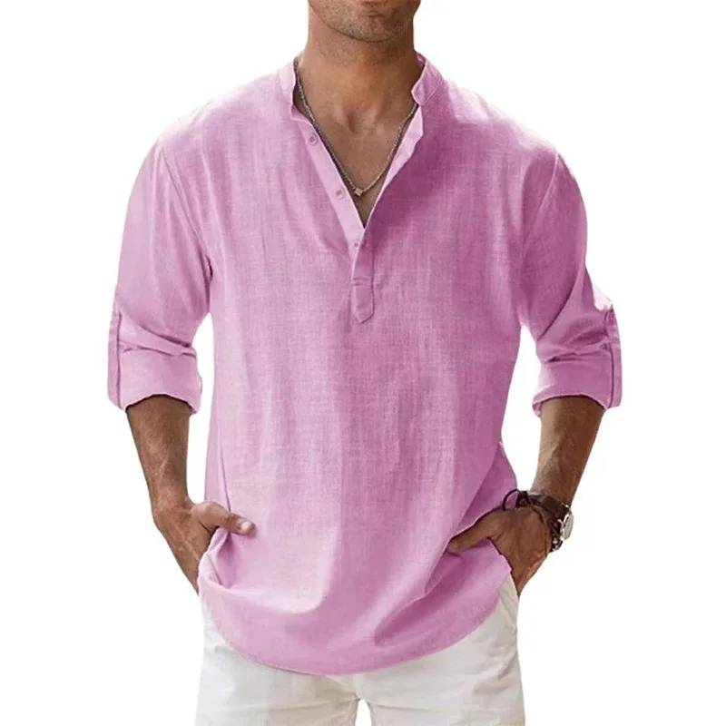 New Men Casual Shirts Lightweight Long Sleeve Henley Cotton Shirts for Beach Linen Shirts Hawaiian Breathable Collar Tops