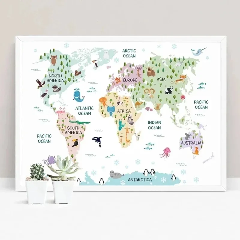 Nursery World Map Poster Prints Pastel Animal Theme Educational Canvas Wall Art Decor Pictures Painting for Kids Room Decor Art thumbnail 2