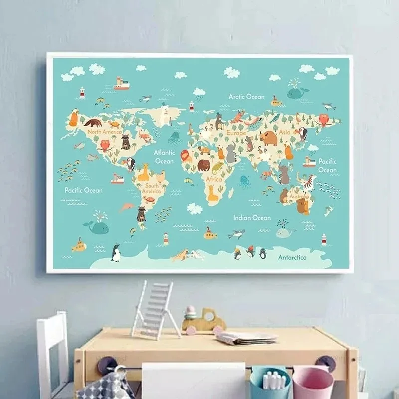 Nursery World Map Poster Prints Pastel Animal Theme Educational Canvas Wall Art Decor Pictures Painting for Kids Room Decor Art thumbnail 4