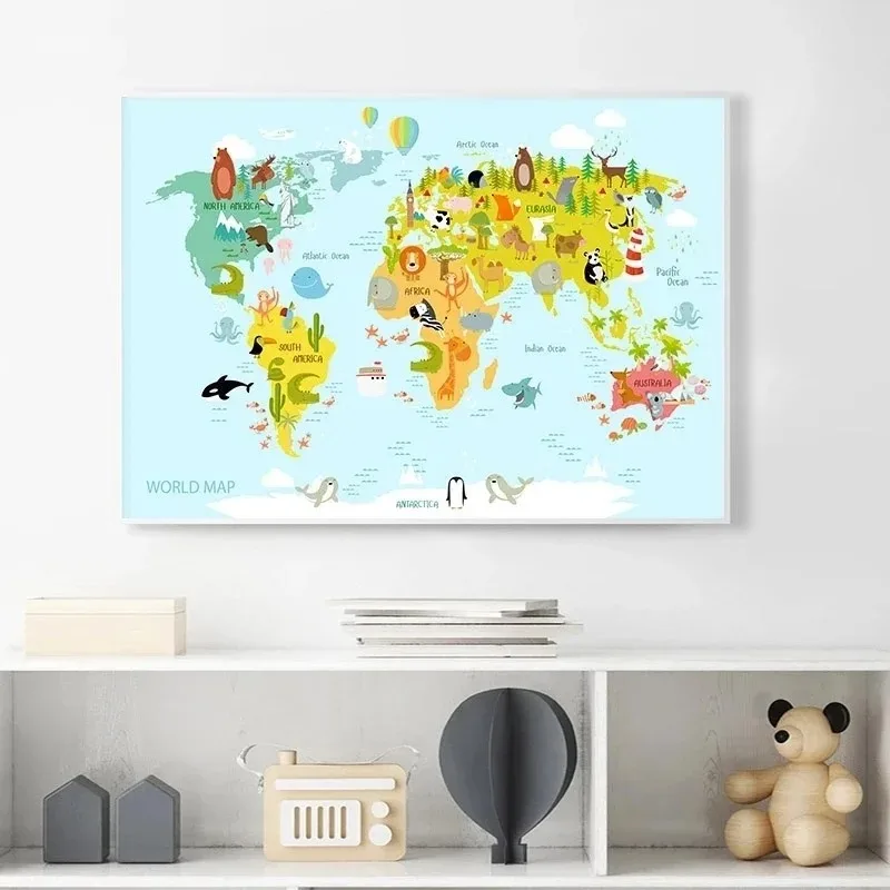 Nursery World Map Poster Prints Pastel Animal Theme Educational Canvas Wall Art Decor Pictures Painting for Kids Room Decor Art thumbnail 3
