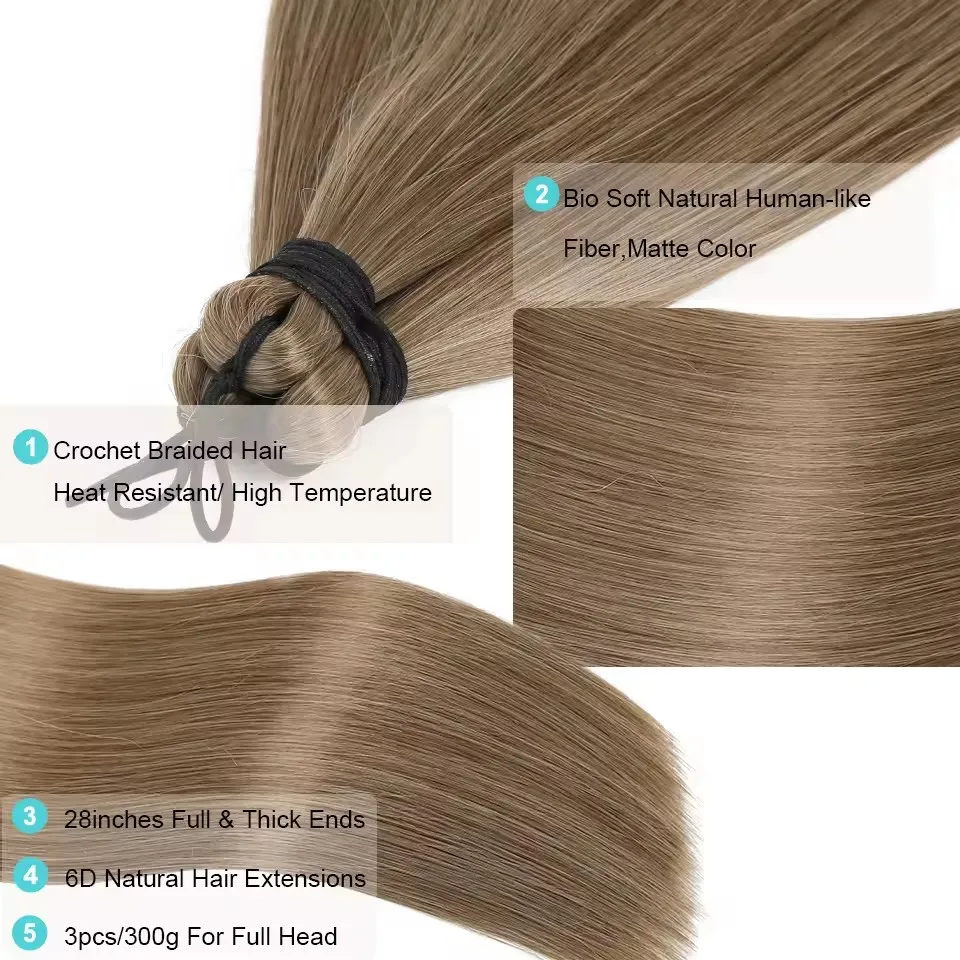 28" Synthetic Crochet Braiding Hair 3PCS 300g Straight Pony Hair Bundles Ombre Brown Blonde Twist Crochet Braid Hair Extensions thumbnail 5