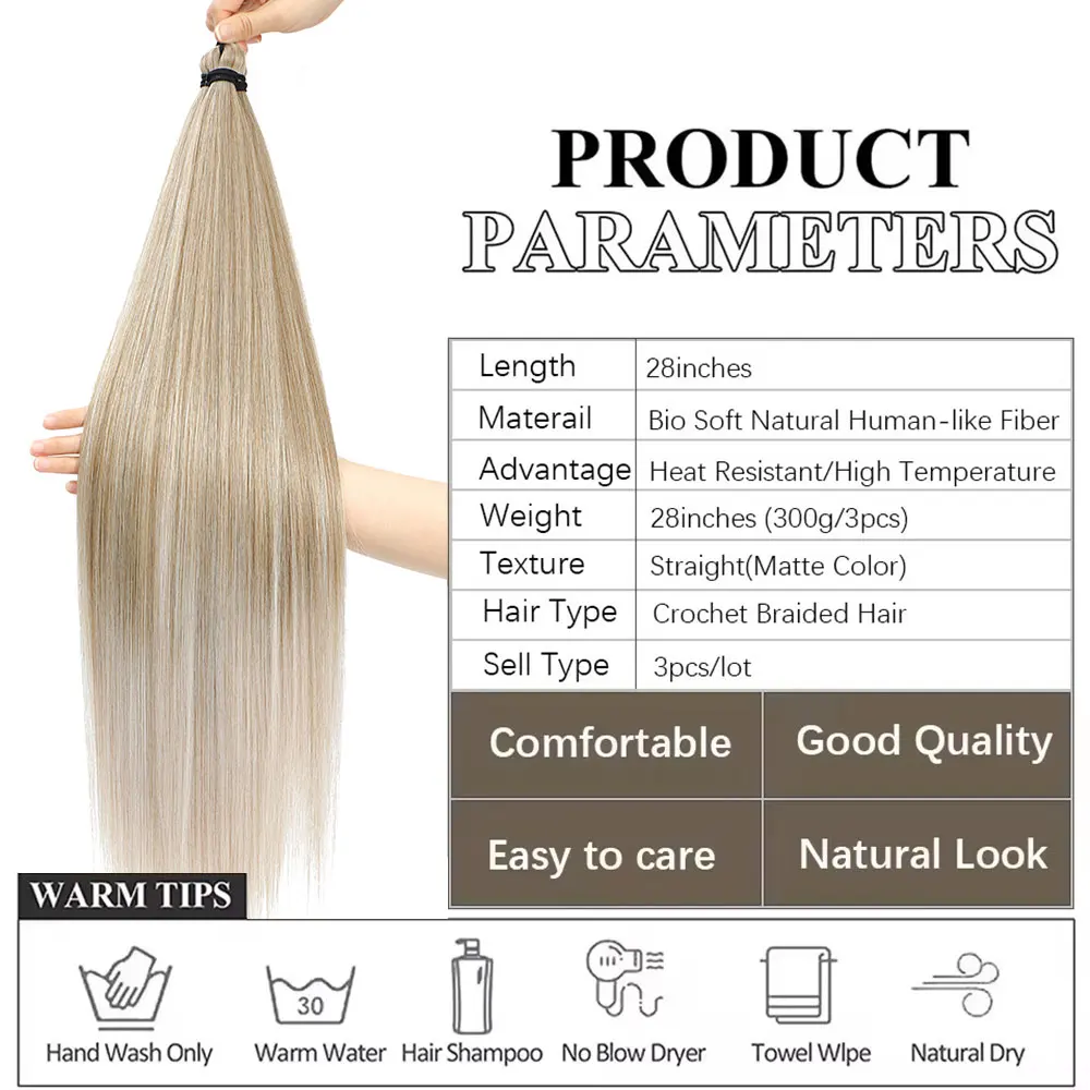 28" Synthetic Crochet Braiding Hair 3PCS 300g Straight Pony Hair Bundles Ombre Brown Blonde Twist Crochet Braid Hair Extensions thumbnail 4