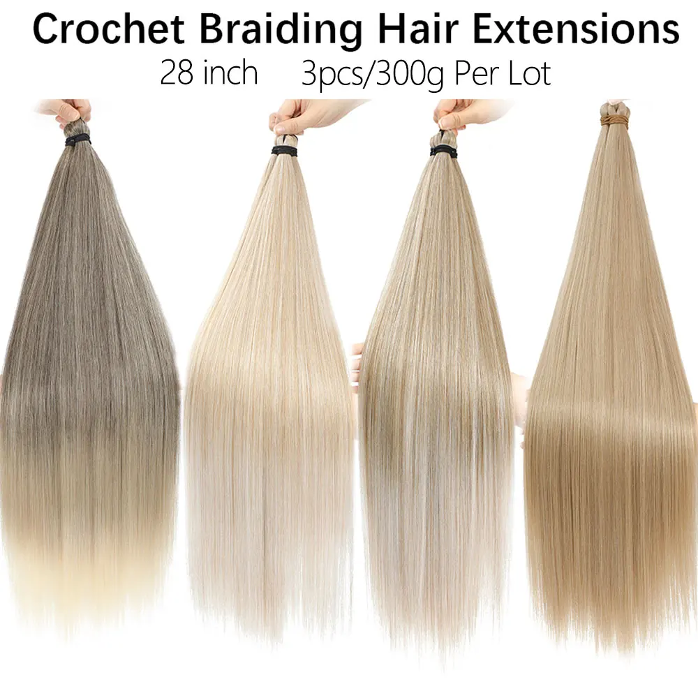 28" Synthetic Crochet Braiding Hair 3PCS 300g Straight Pony Hair Bundles Ombre Brown Blonde Twist Crochet Braid Hair Extensions thumbnail 3