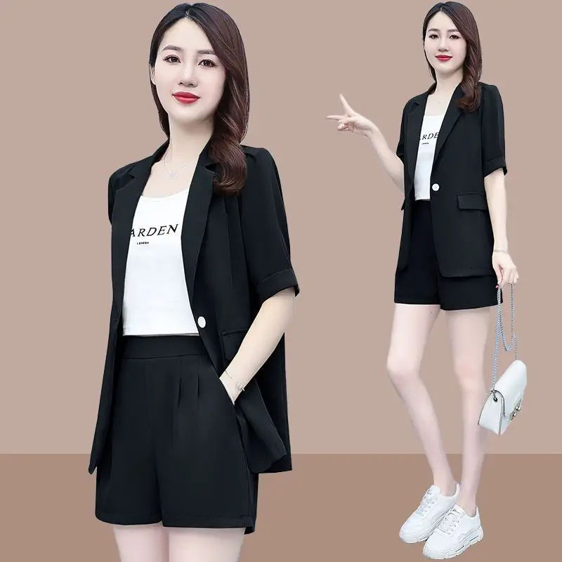 2026 Summer New Korean Casual Short Sleeved Blazrs Jacket Matching Set Women's Fashion Professional Suit Coat Shorts Two-piece thumbnail 3