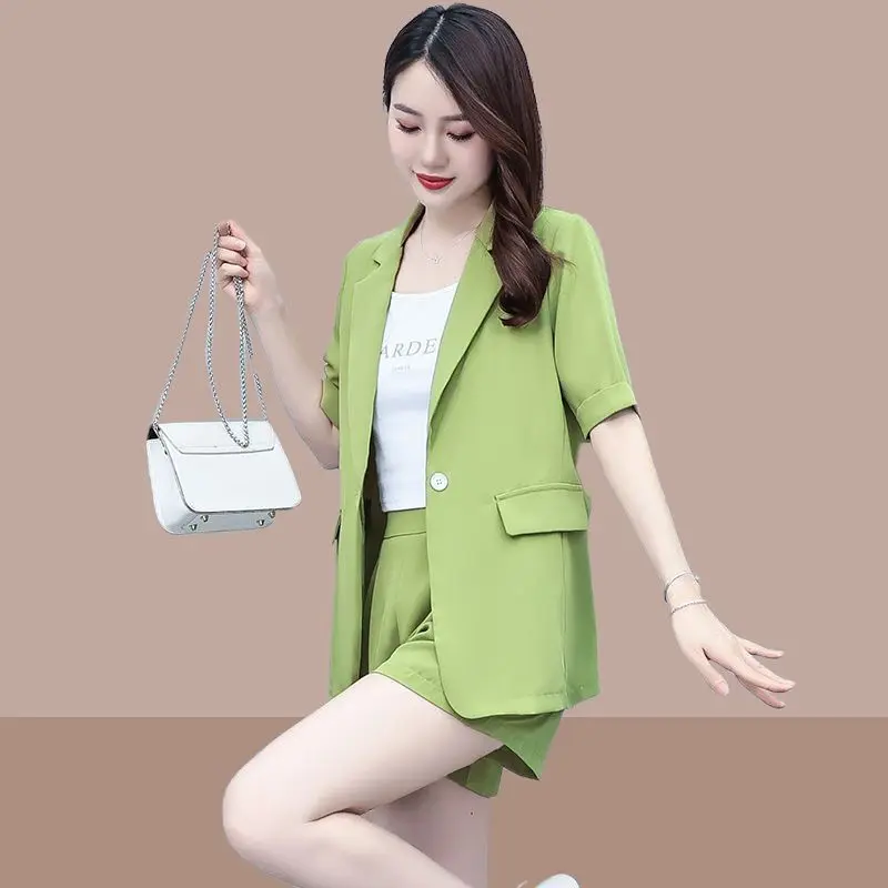 2026 Summer New Korean Casual Short Sleeved Blazrs Jacket Matching Set Women's Fashion Professional Suit Coat Shorts Two-piece thumbnail 4