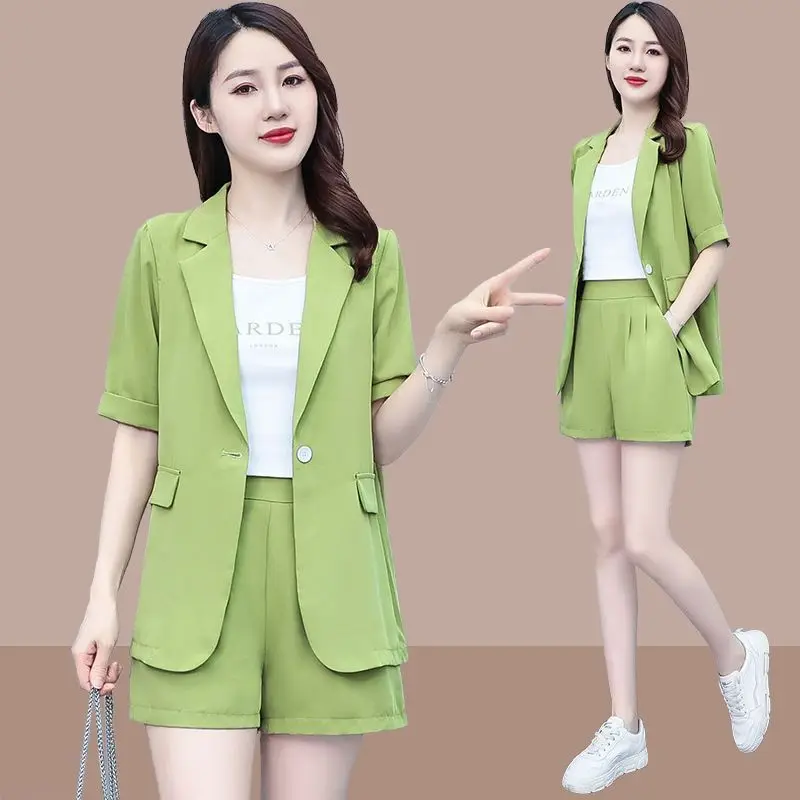 2026 Summer New Korean Casual Short Sleeved Blazrs Jacket Matching Set Women's Fashion Professional Suit Coat Shorts Two-piece thumbnail 2