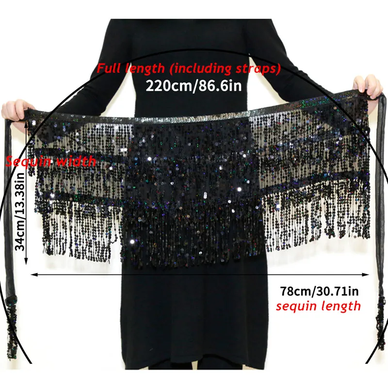 Belly Dance Layer Sequins Skirt Tassel Chain Belts Wrap Party Club Indian Latin Hula Dancer Dress Performance Hip Waist Scarf thumbnail 6
