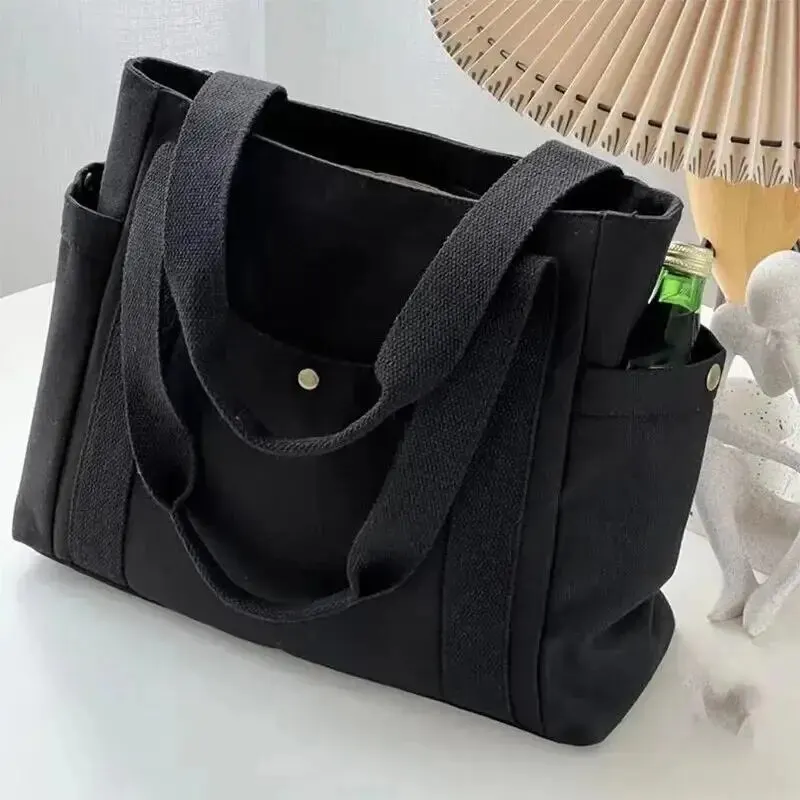 Canvas Women's Shoulder Bag Large Capacity Multiple Outer Pocket Zipper Tote Bag Student Handbag Shopping thumbnail 3