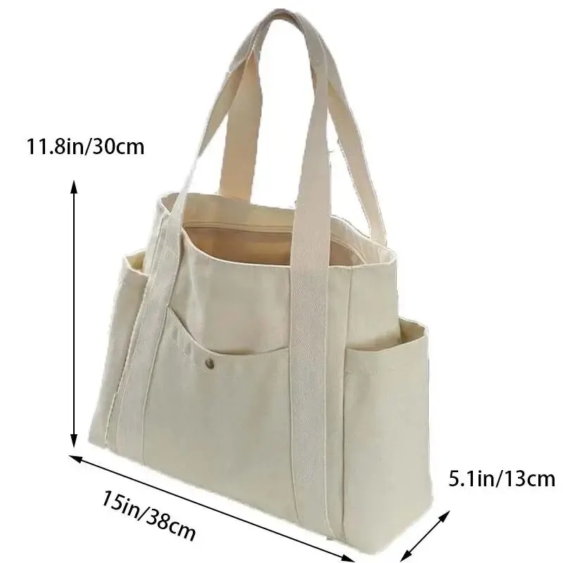 Canvas Women's Shoulder Bag Large Capacity Multiple Outer Pocket Zipper Tote Bag Student Handbag Shopping thumbnail 6