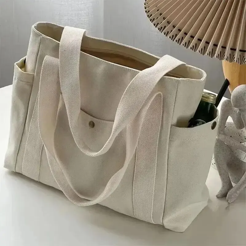 Canvas Women's Shoulder Bag Large Capacity Multiple Outer Pocket Zipper Tote Bag Student Handbag Shopping thumbnail 4