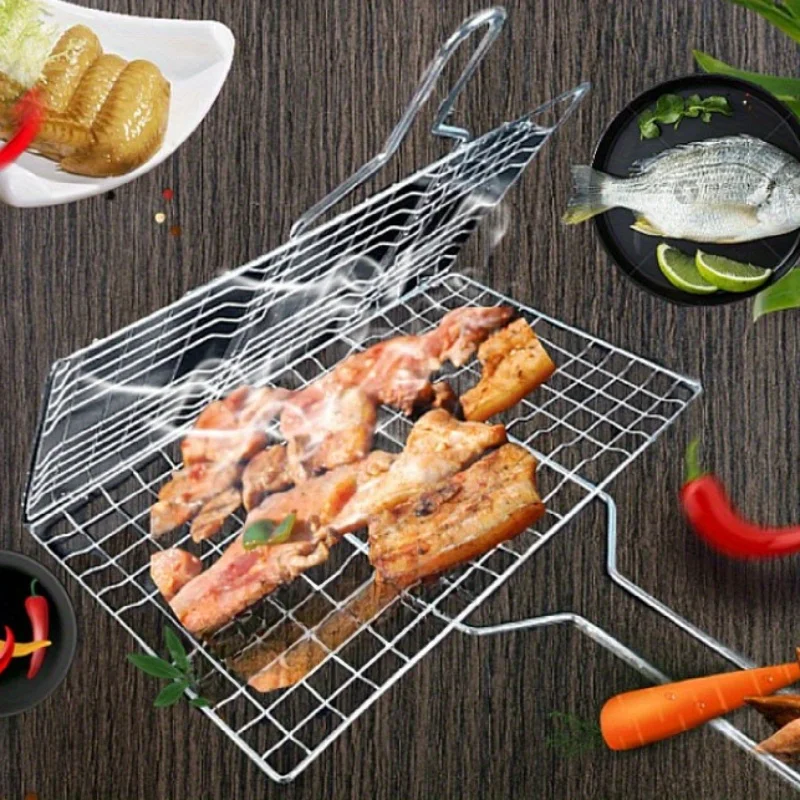 Stainless Steel Foldable And Thickened Barbecue Net Rack With Large Capacity For Grilling Chicken BBQ Grilling Basket WithHandle thumbnail 2