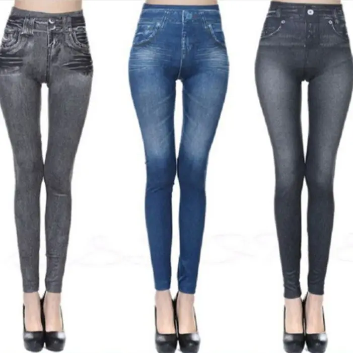2024 Push Up Seamless High Waist Faux Denim Leggings Women Casual Elastic Pocket Jeans Print Pants Skinny Pencil Leggins Mujer thumbnail 3