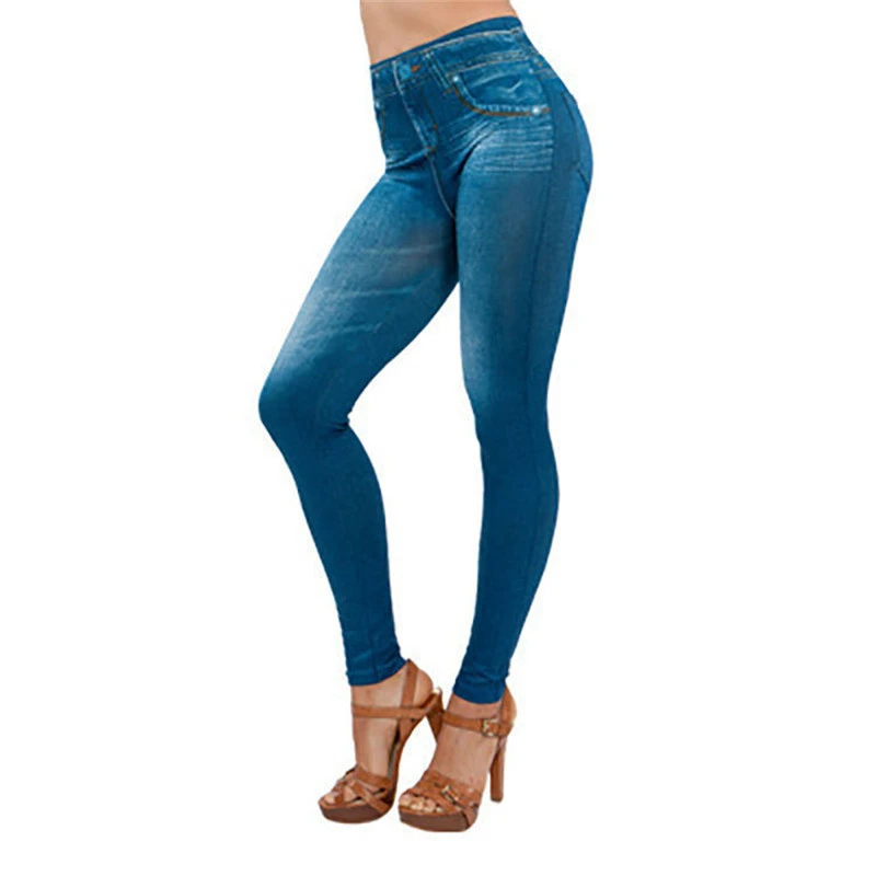 2024 Push Up Seamless High Waist Faux Denim Leggings Women Casual Elastic Pocket Jeans Print Pants Skinny Pencil Leggins Mujer thumbnail 4