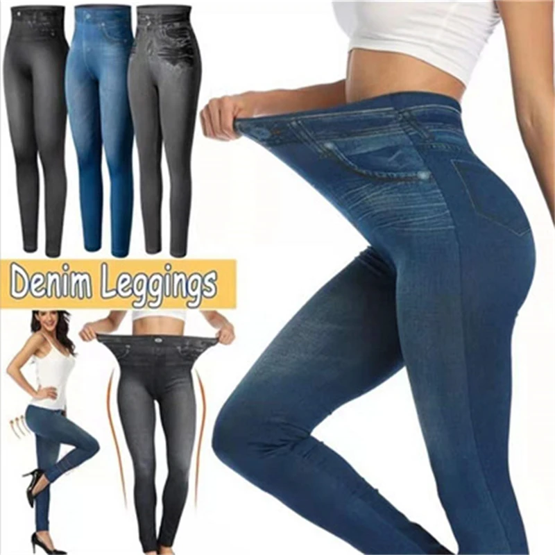 2024 Push Up Seamless High Waist Faux Denim Leggings Women Casual Elastic Pocket Jeans Print Pants Skinny Pencil Leggins Mujer thumbnail 6