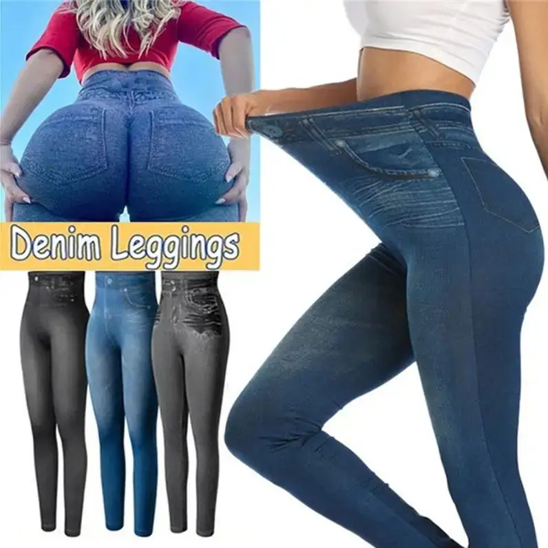 2024 Push Up Seamless High Waist Faux Denim Leggings Women Casual Elastic Pocket Jeans Print Pants Skinny Pencil Leggins Mujer thumbnail 2