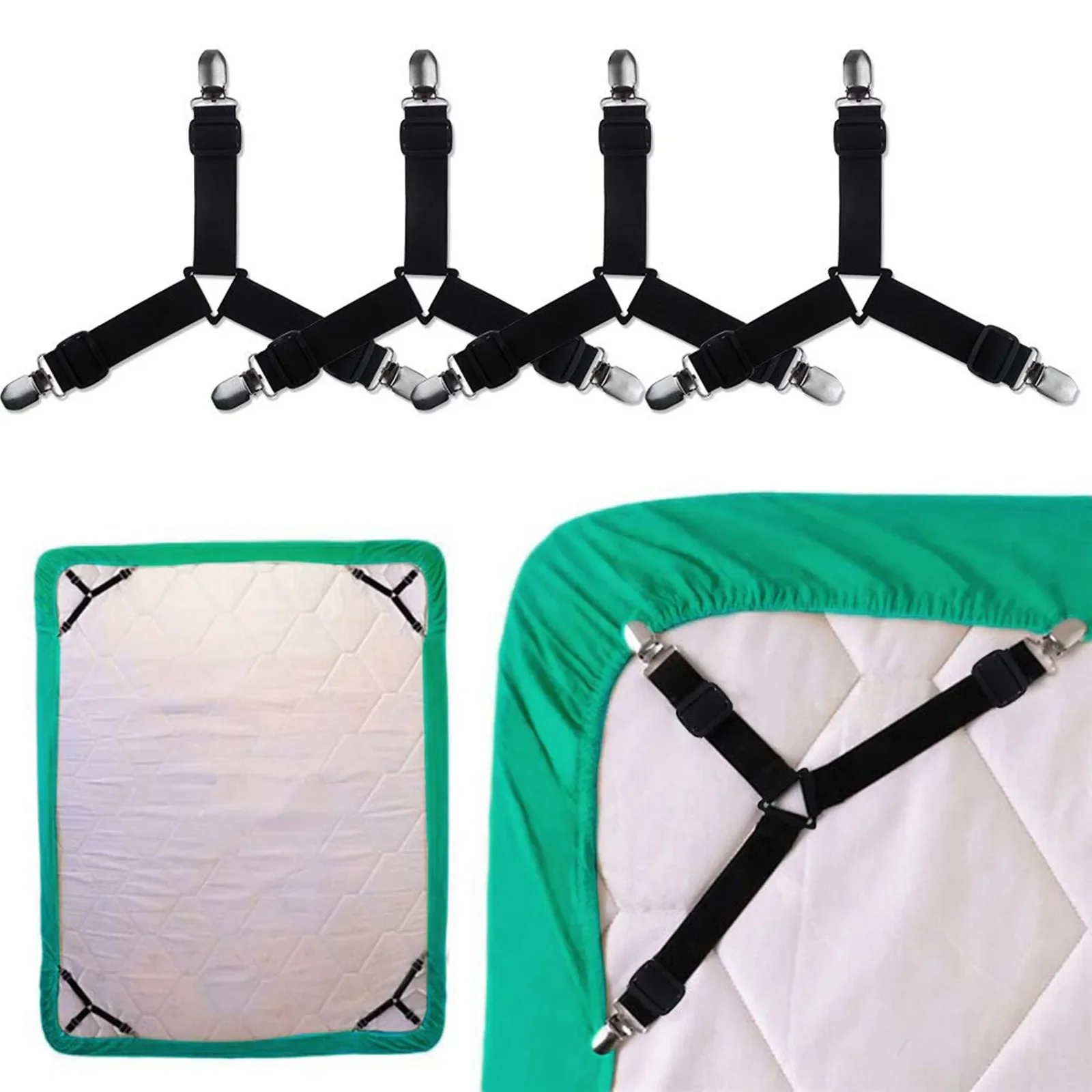 4 PCS Bed Sheet Holder Straps, Elastic Mattress Corner Clips 3 Way Fitted Bed Sheet Fastener Suspenders Grippers sheets  bedding thumbnail 2