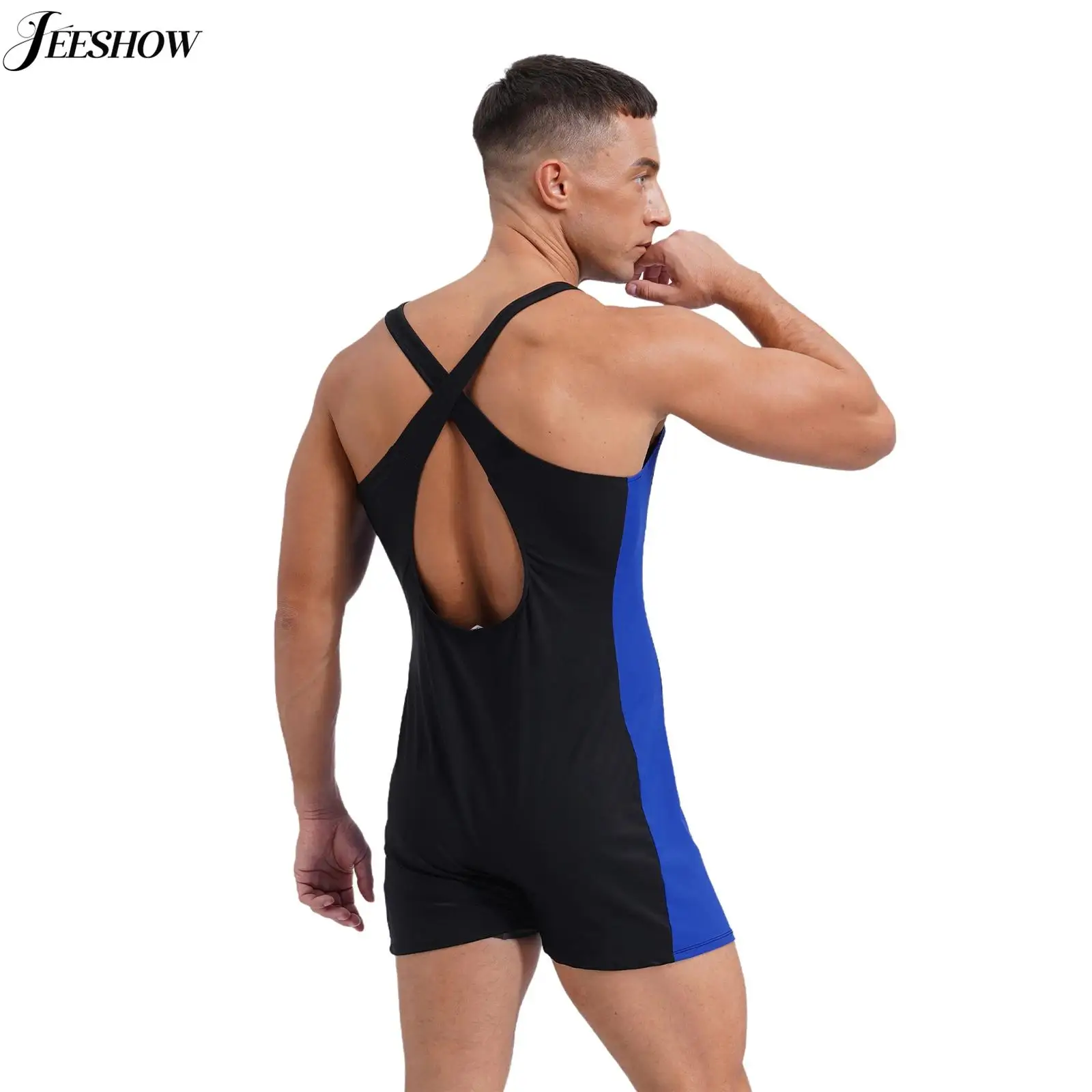 Mens One Piece Swimsuit Sleeveless Straps Cross Rash Guard Bathing Suits Tank Leotard Short Jumpsuit Surfing Swimming Costumes