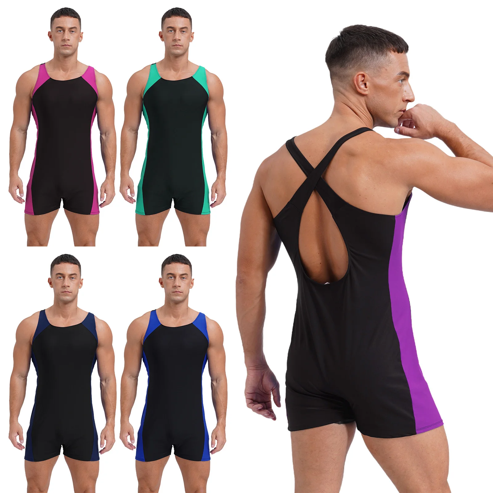 Mens One Piece Swimsuit Sleeveless Straps Cross Rash Guard Bathing Suits Tank Leotard Short Jumpsuit Surfing Swimming Costumes thumbnail 5