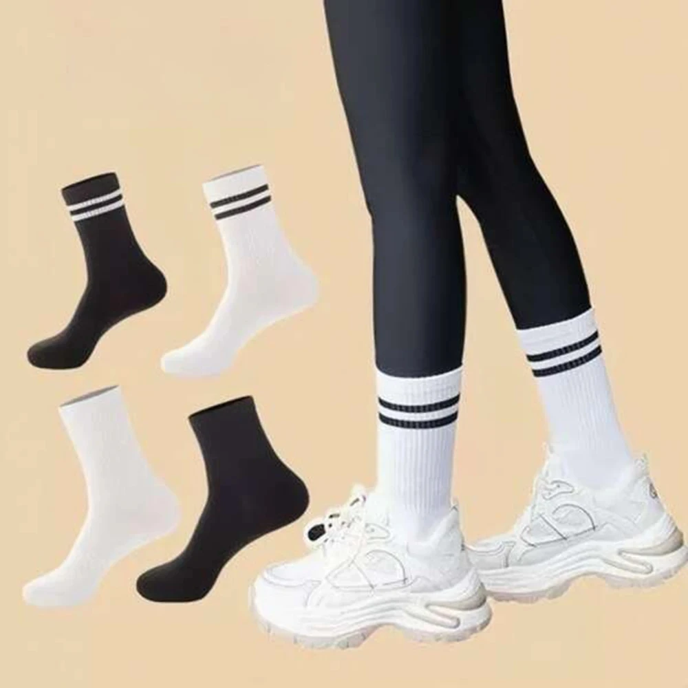 4/10 Pairs Versatile Women Socks Simplicity Parallel Bar Pattern Fashion Breathable Autumn High Quality Women's Mid Length Socks