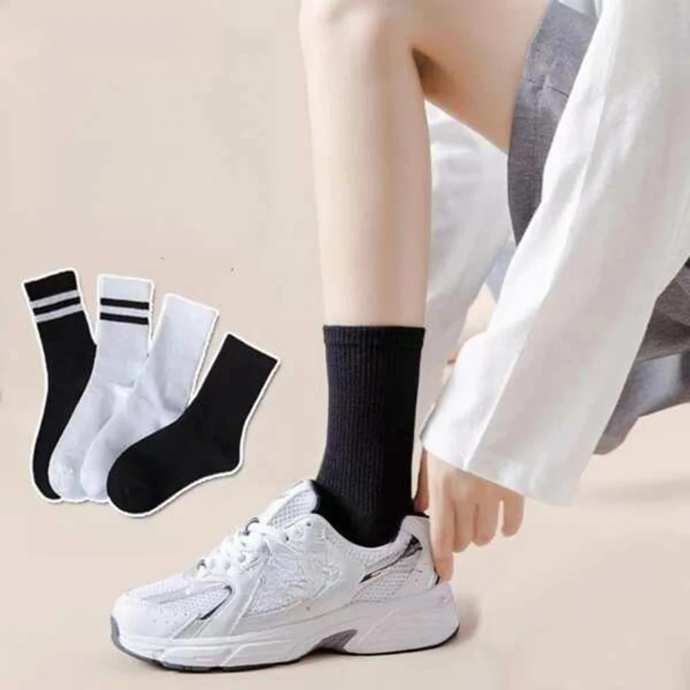 4/10 Pairs Versatile Women Socks Simplicity Parallel Bar Pattern Fashion Breathable Autumn High Quality Women's Mid Length Socks thumbnail 6