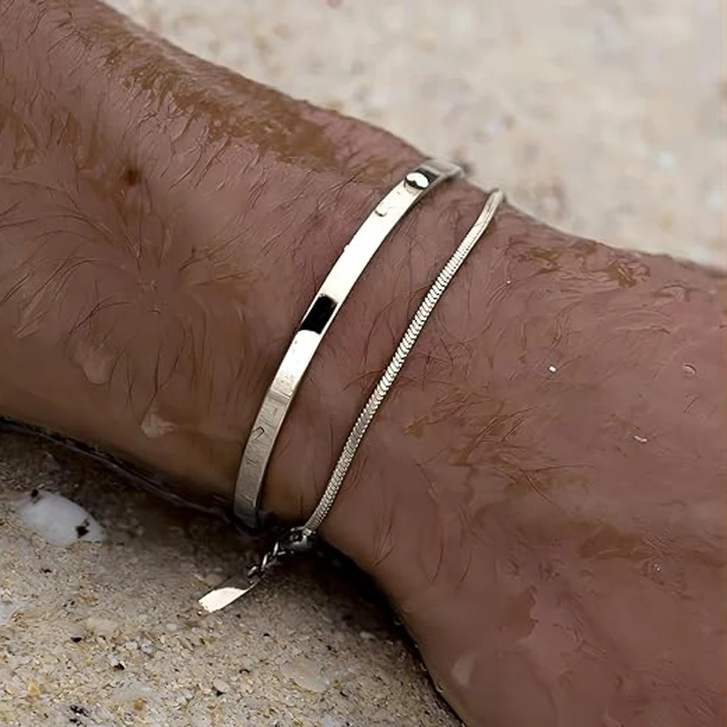 Stackable Bracelets for Men, 925 Sterling Silver/14K Gold Plated Bracelet Sets Dainty Cuff Bangle Box Cuban Link Bracelets thumbnail 4