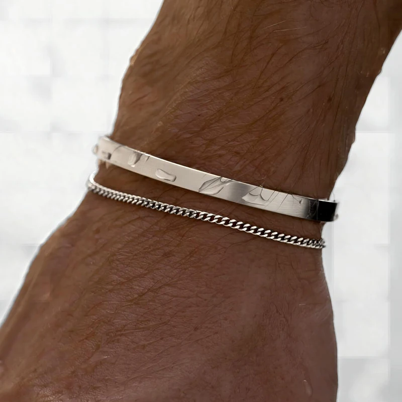 Stackable Bracelets for Men, 925 Sterling Silver/14K Gold Plated Bracelet Sets Dainty Cuff Bangle Box Cuban Link Bracelets thumbnail 2