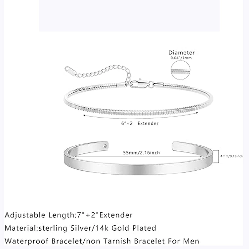 Stackable Bracelets for Men, 925 Sterling Silver/14K Gold Plated Bracelet Sets Dainty Cuff Bangle Box Cuban Link Bracelets thumbnail 3