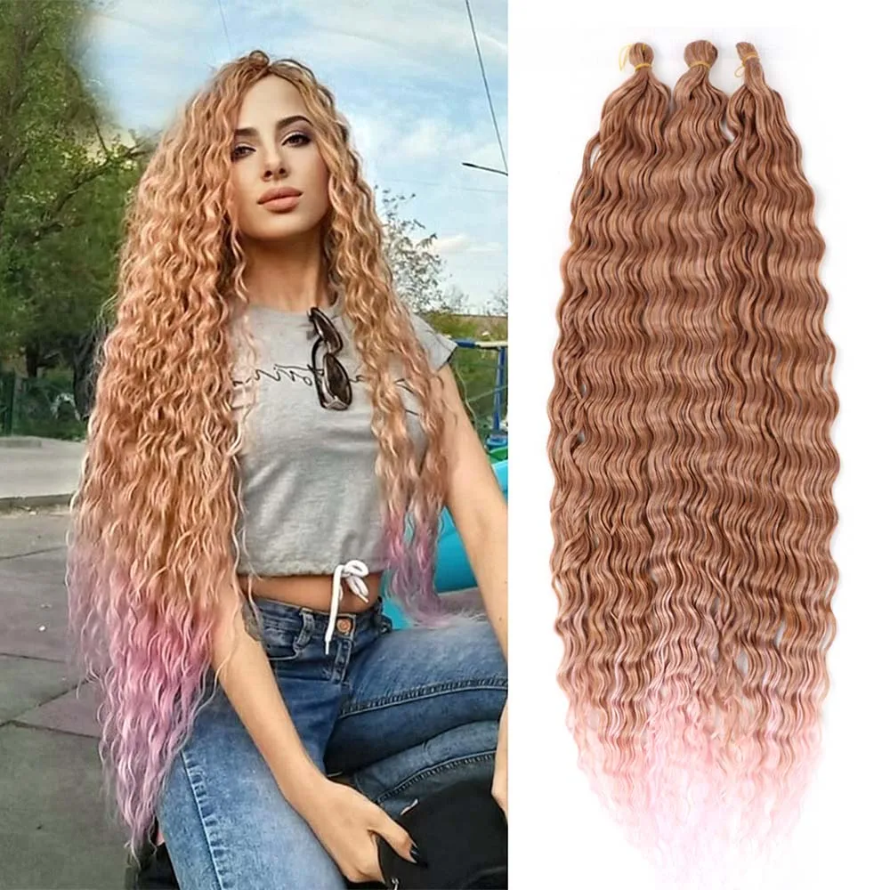 32 Inch Synthetic Pre Stretched Deep Wave Crochet Hair Yaki Ombre Braiding Hair High Temperature Fiber Extensions for Women thumbnail 2