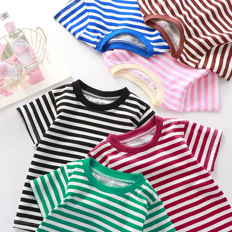 100% Cotton Striped T Shirt for Kids Boys Baby Red Shirt Boy Girls Wholesale Tops Base Shirts Korean Children's Clothes 2026