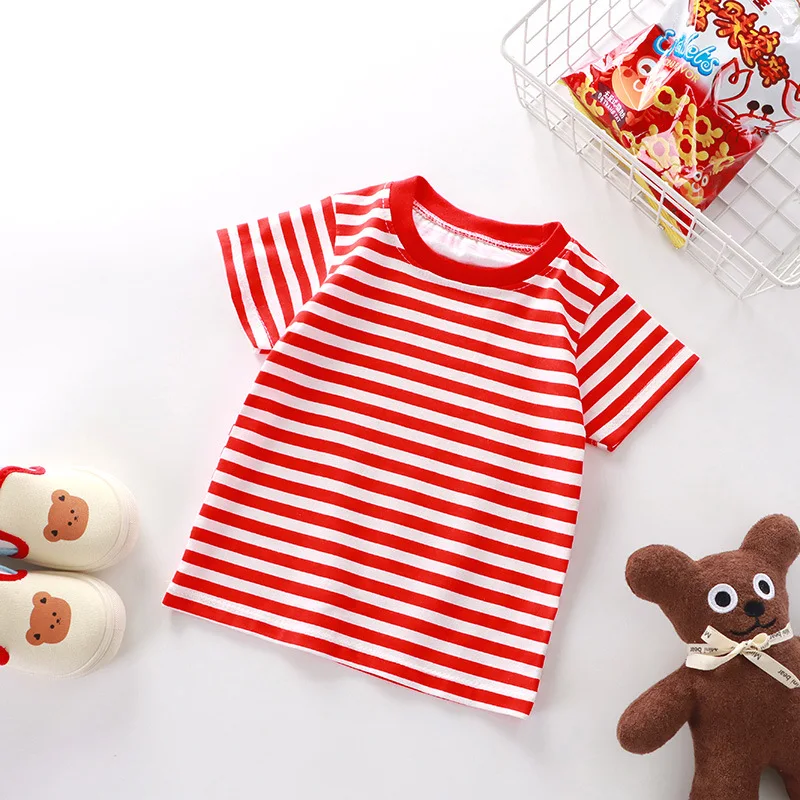 100% Cotton Striped T Shirt for Kids Boys Baby Red Shirt Boy Girls Wholesale Tops Base Shirts Korean Children's Clothes 2026 thumbnail 3