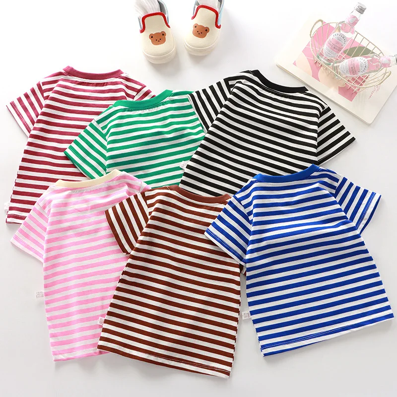 100% Cotton Striped T Shirt for Kids Boys Baby Red Shirt Boy Girls Wholesale Tops Base Shirts Korean Children's Clothes 2026 thumbnail 2