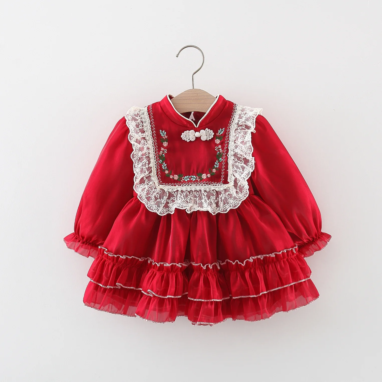 Girls' Autumn Long sleeved Lace Lace Princess Dress with Embroidered Pan Button Chinese Style Baby Dress thumbnail 3