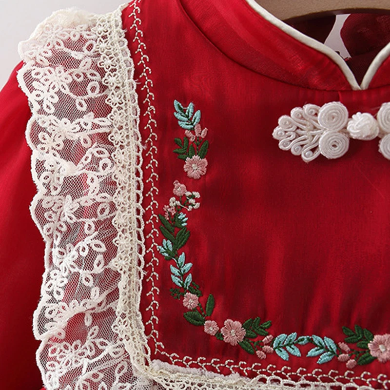 Girls' Autumn Long sleeved Lace Lace Princess Dress with Embroidered Pan Button Chinese Style Baby Dress thumbnail 5