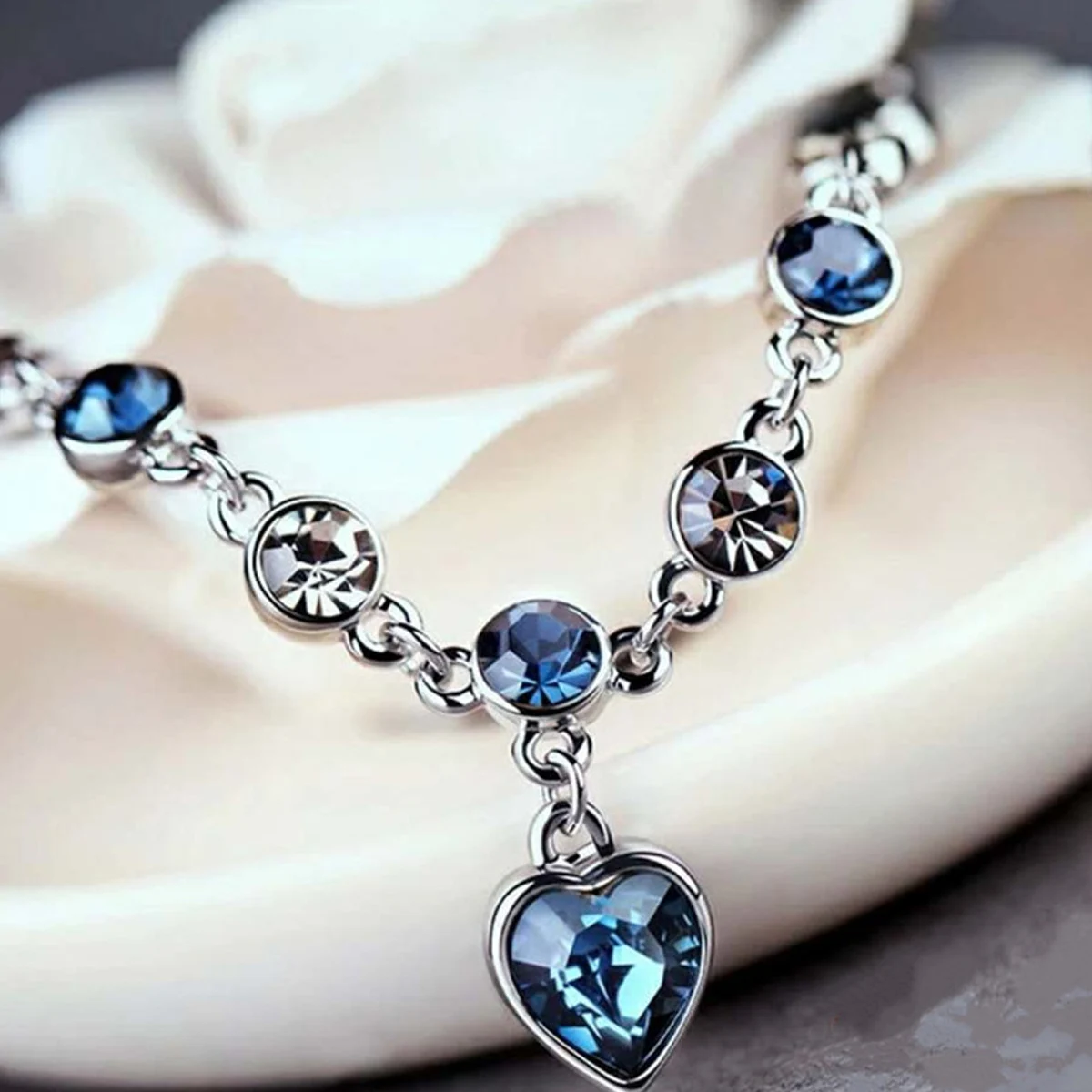 Women Silver Color Lucky Bracelet Female Blue Crystal Heart Charm Pulseras Bracelet Bridal Wedding Engagement Fine Jewelry thumbnail 2