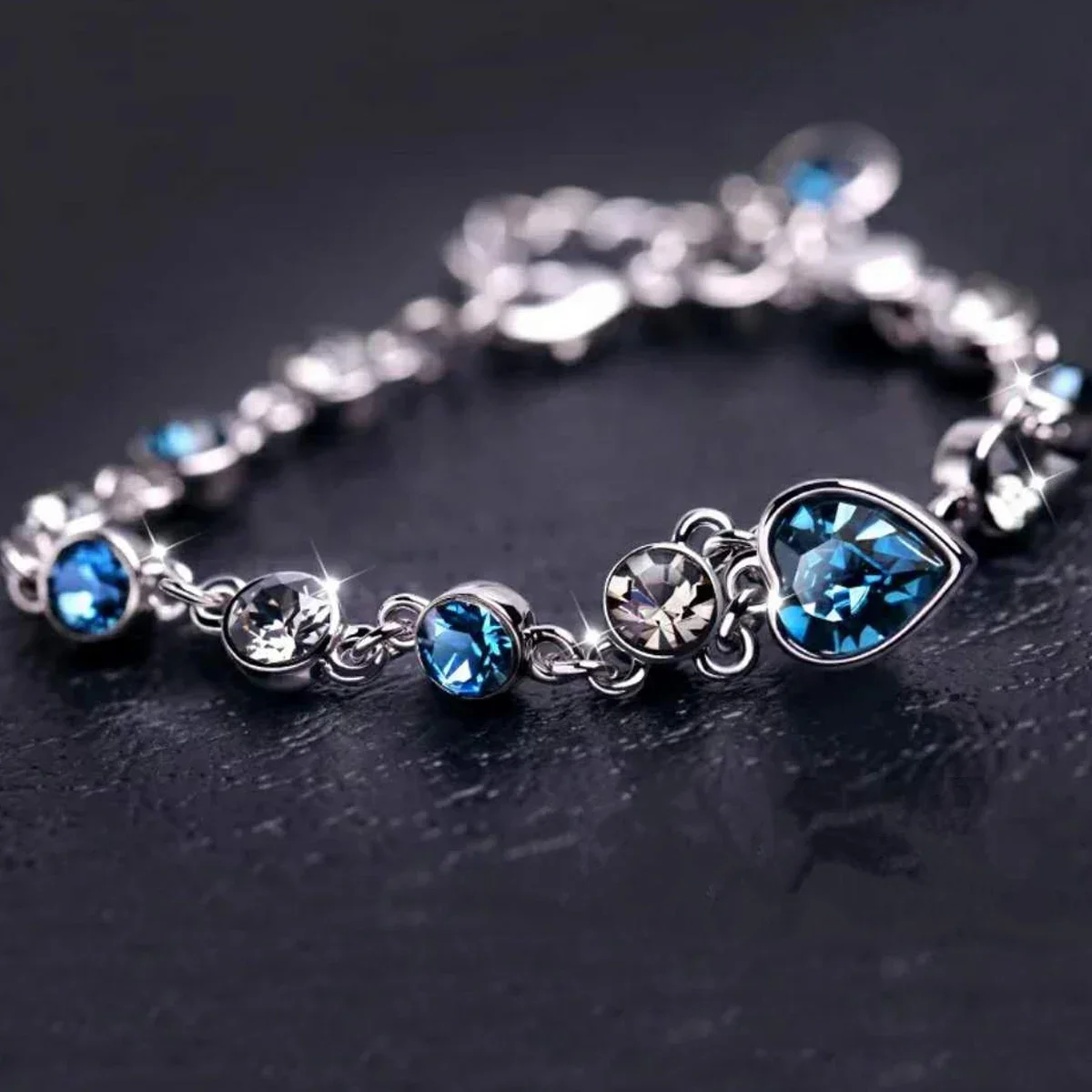 Women Silver Color Lucky Bracelet Female Blue Crystal Heart Charm Pulseras Bracelet Bridal Wedding Engagement Fine Jewelry thumbnail 3