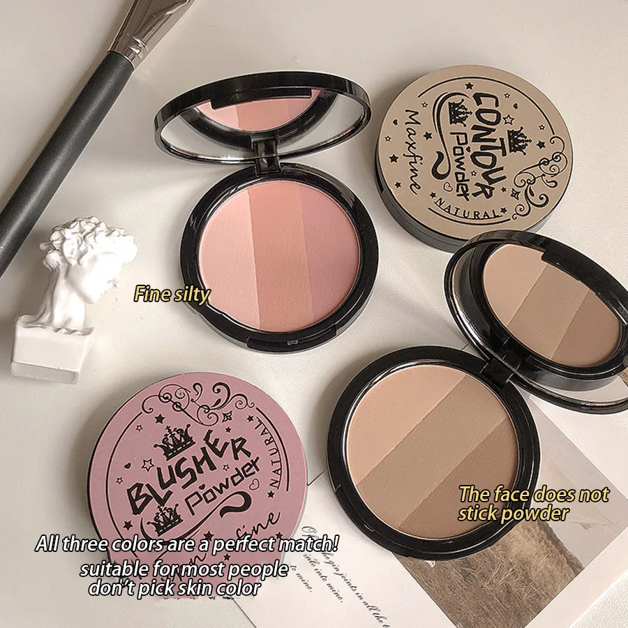 3in1 Three Colors Powder Tray Blush Contouring Waterproof Long Lasting Delicate Natural Face Makeup thumbnail 3